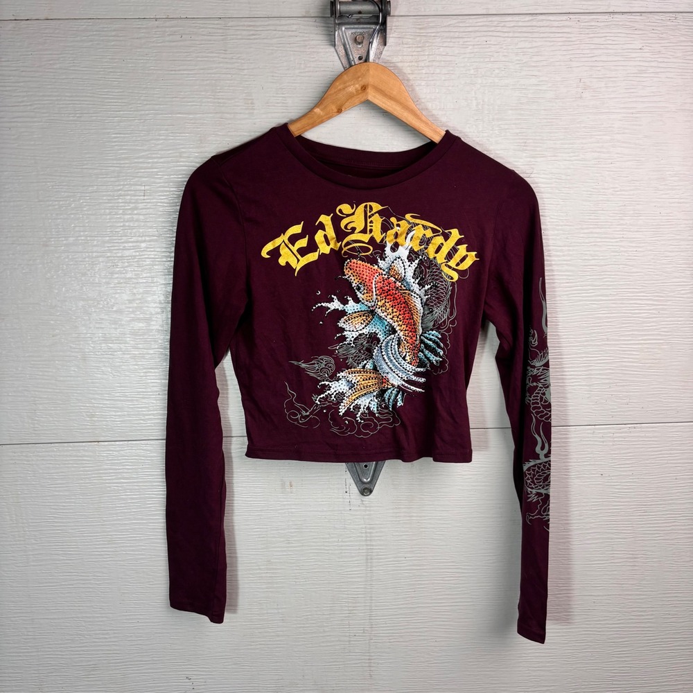 2000s Ed Hardy Koi Fish Rhinestone Y2K Long Sleeve Crop Top M
